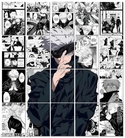Manga panel grid featuring a character in a black outfit with various expressions and poses.