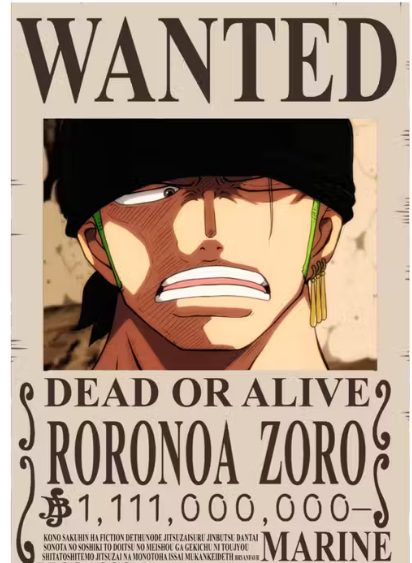 Zoro One Piece Wanted poster, Roronoa zoro one piece Bounty posters for wall|Self Adhesive|14.8 X 21 CM |Anime Poster For Room|(Post Wano Bounties)