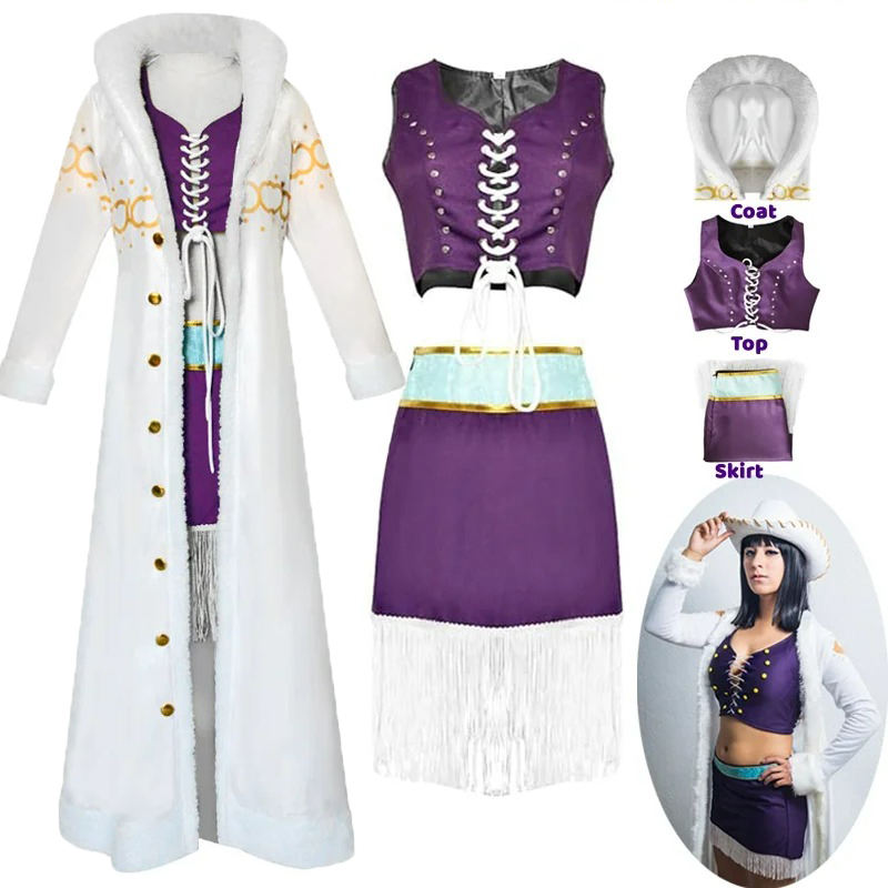 Nico Robin Cosplay Costume | One Piece Purple Dress with White Cloak | Punk Hazard Anime Outfit