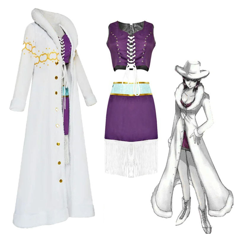 Nico Robin Cosplay Costume | One Piece Purple Dress with White Cloak | Punk Hazard Anime Outfit