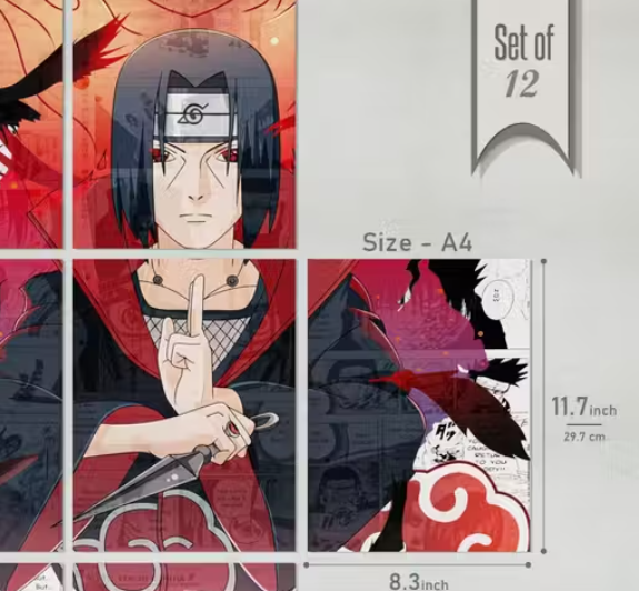 Itachi Manga Style Wall Poster Collection (12 pcs) | Premium A4 Panels for Room Decor