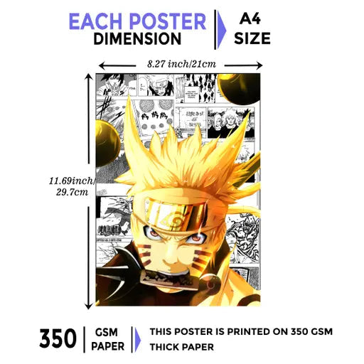 Naruto Sasuke Uchiha Anime Poster Set of 15 | A4 Manga Wall Art for Bedroom