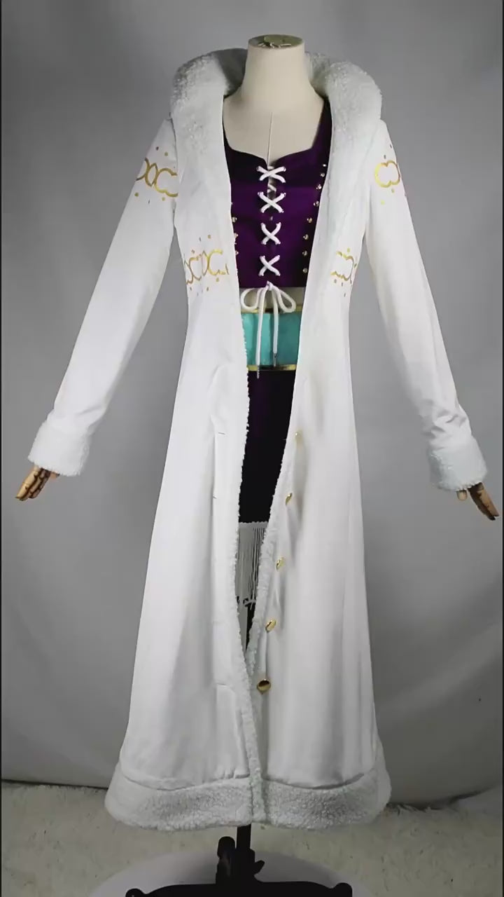 Nico Robin Cosplay Costume | One Piece Purple Dress with White Cloak | Punk Hazard Anime Outfit